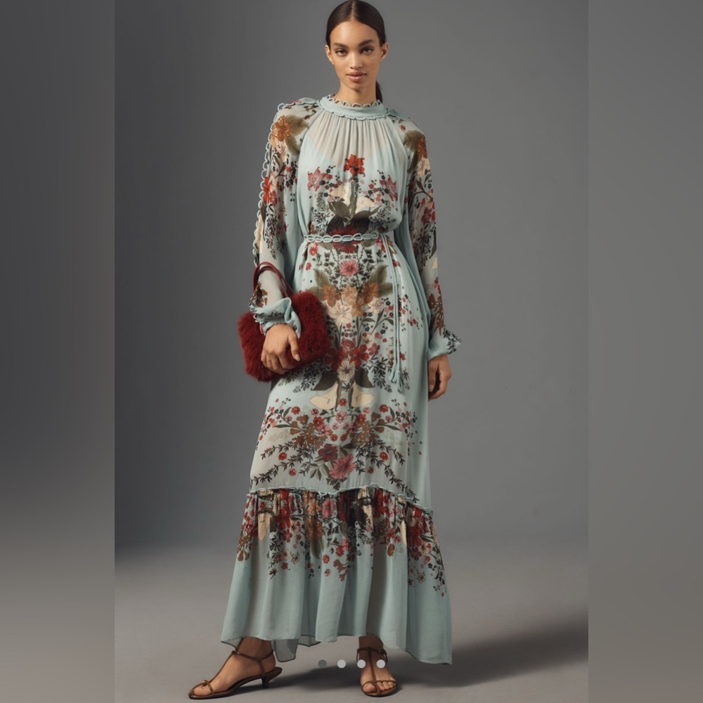 FARM Rio Light Blue Floral Long-Sleeve Maxi Dress